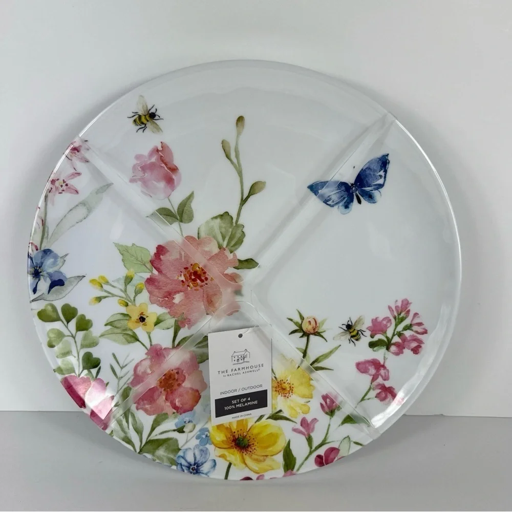 Rachel Ashwell The Farmhouse Melamine Dinner Plates Floral Spring Set of 4 NEW